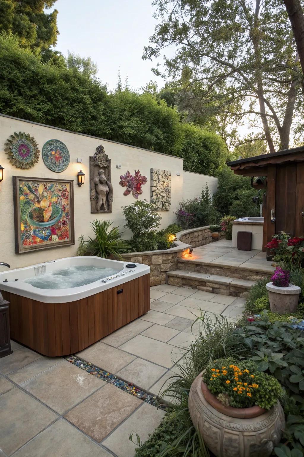 Outdoor art can personalize your hot tub patio and add visual interest.