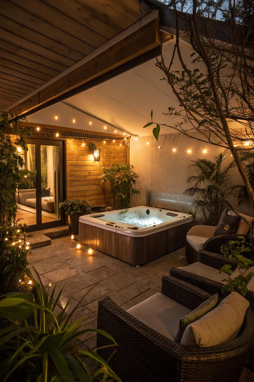 A hot tub room enhanced by soft ambient lighting.