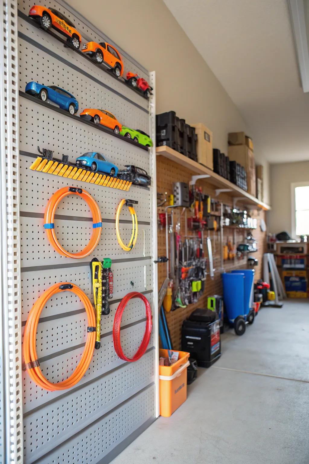 A pegboard wall offers customizable Hot Wheels storage.