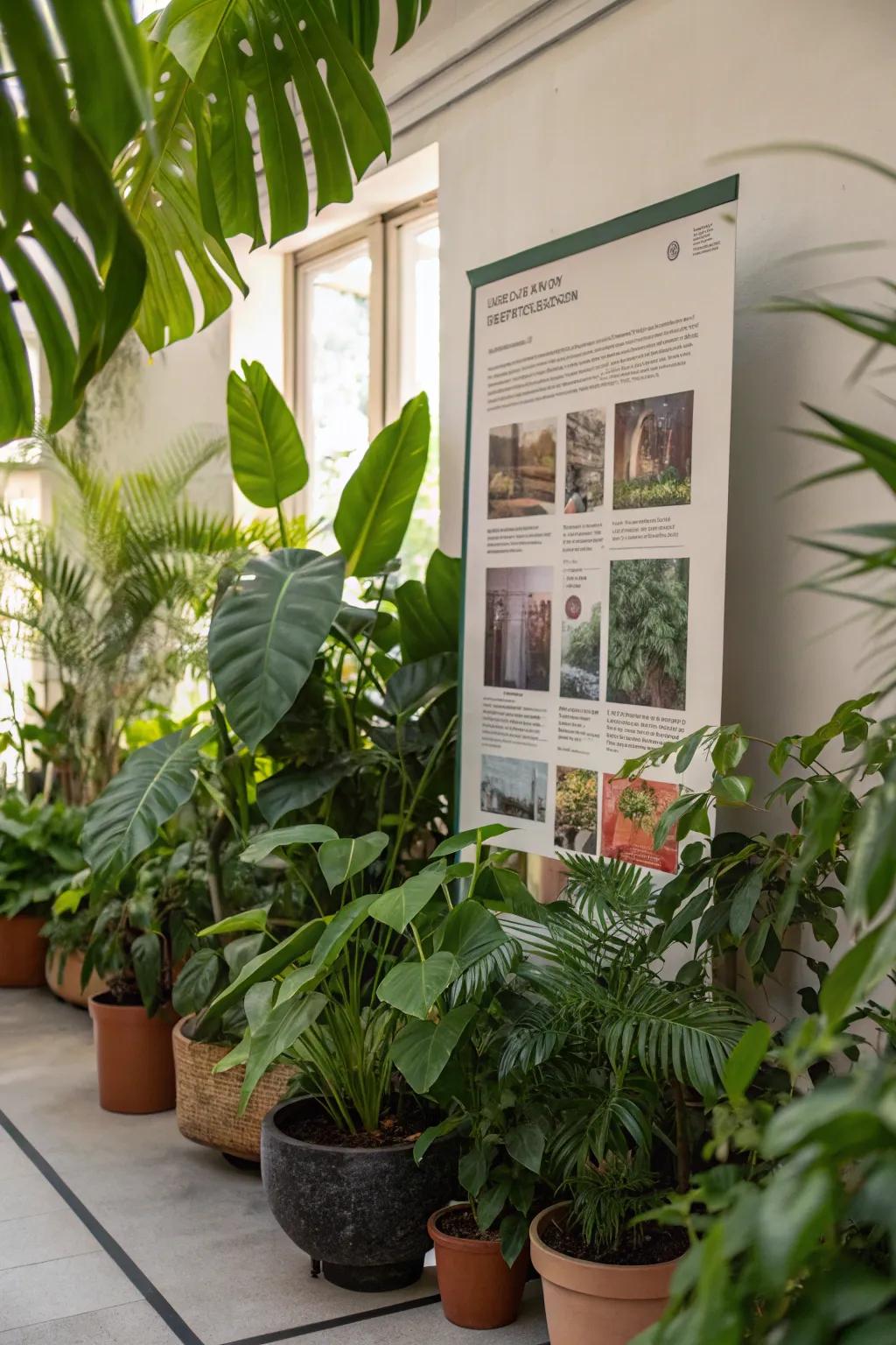 A fresh and natural look with posters and indoor plants.