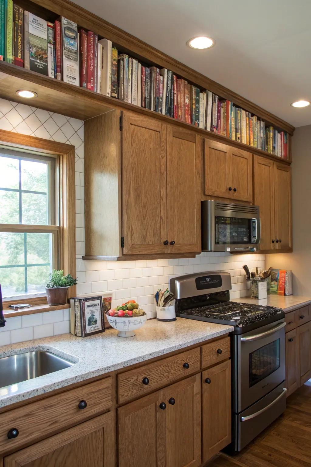 A collection of cookbooks adds personality above kitchen cabinets.