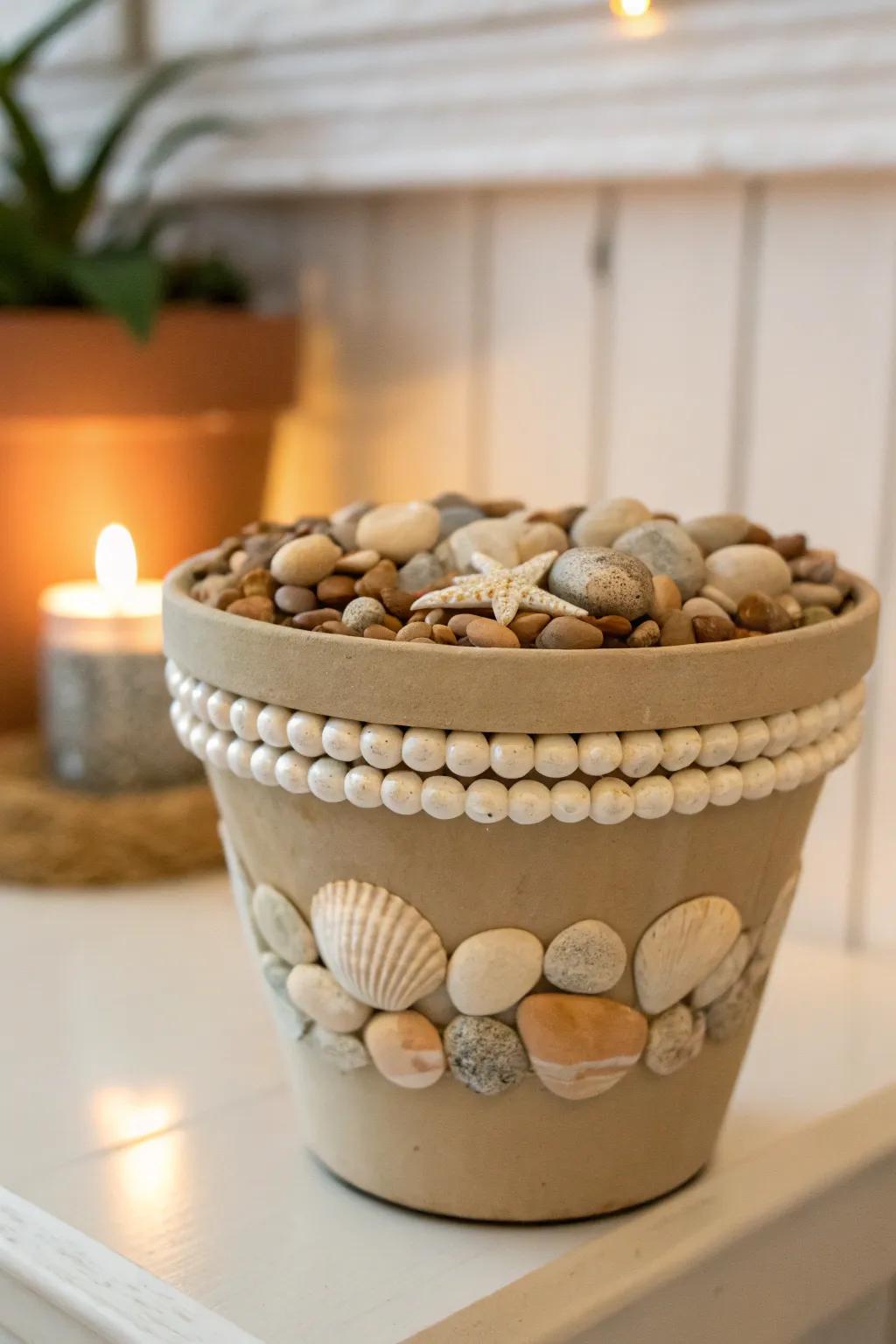 Transform your space with nature-inspired accents: a pot that whispers beachside serenity and minimalist elegance.