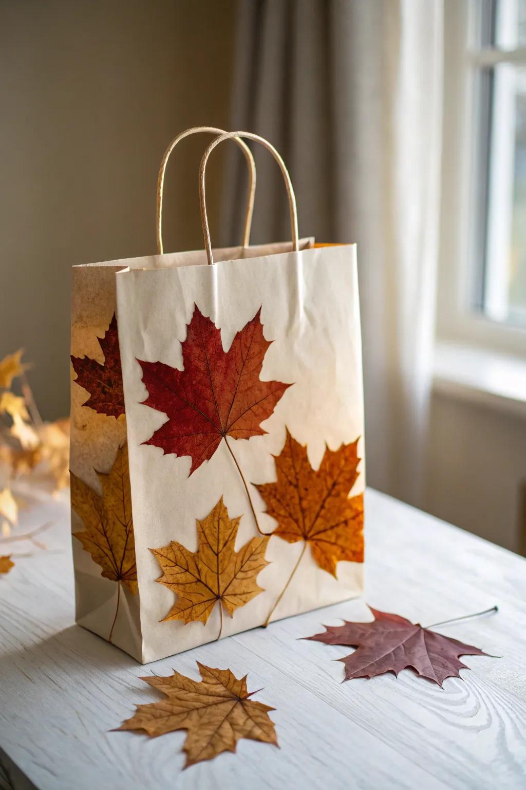 Embrace the beauty of nature with a handcrafted paper bag adorned with pressed maple leaves, perfect for adding a touch of autumn elegance to your minimalist decor.