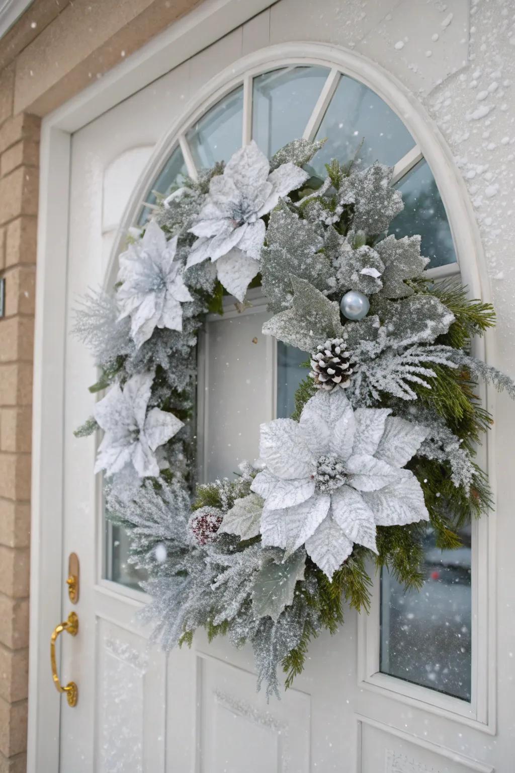 A winter wonderland poinsettia wreath with frosted accents.