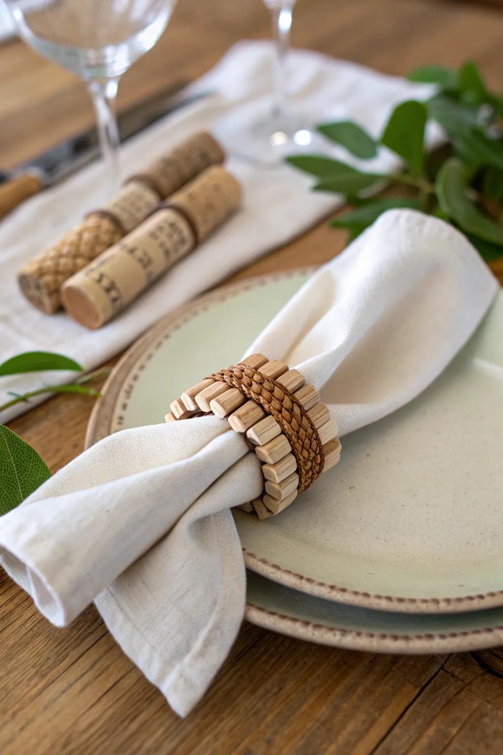 Transform wine corks into elegant napkin rings for your next dinner party. Eco-friendly and stylish!