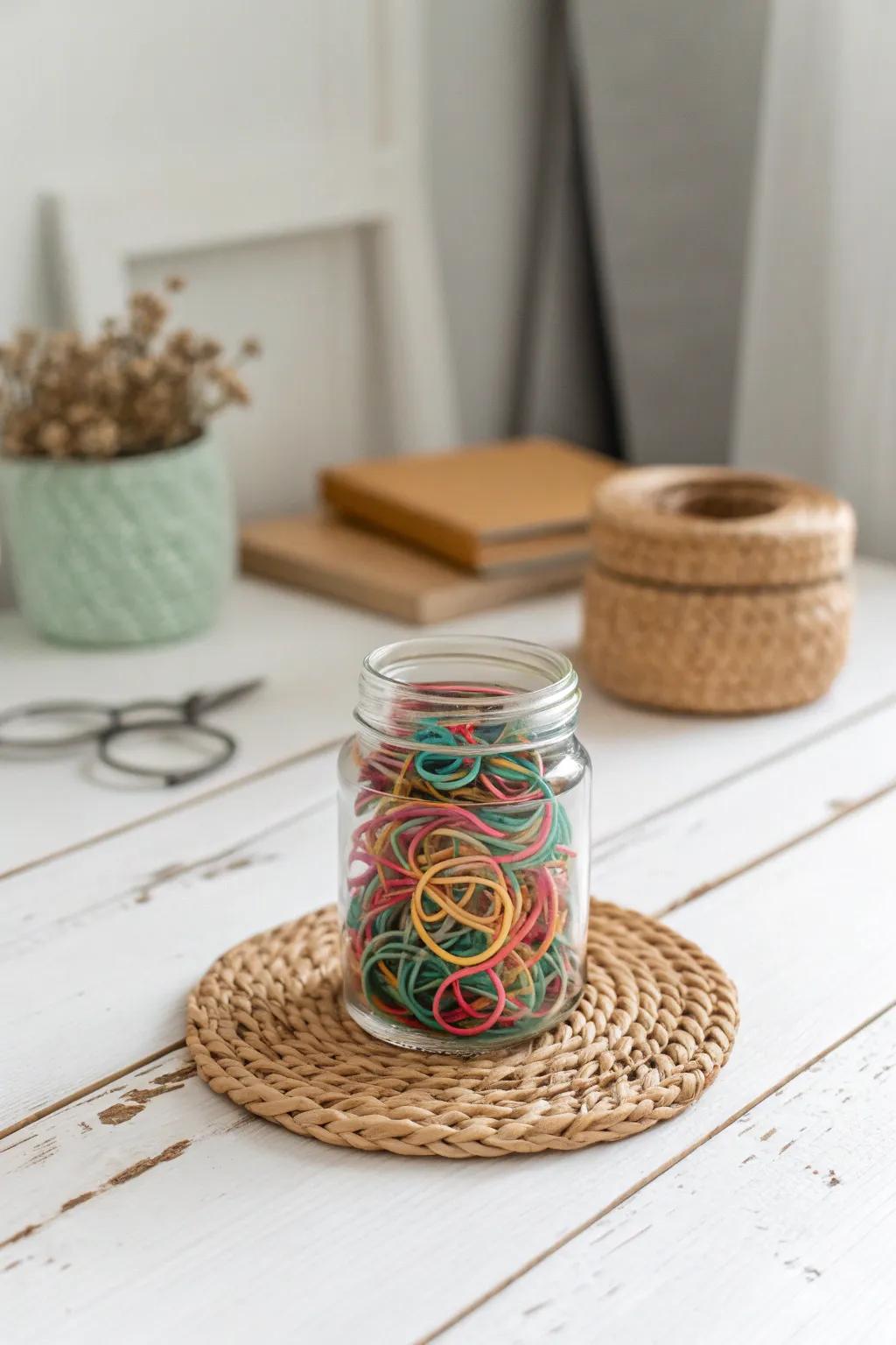 Transform everyday jars into charming organizers. Who knew rubber bands could look this good?