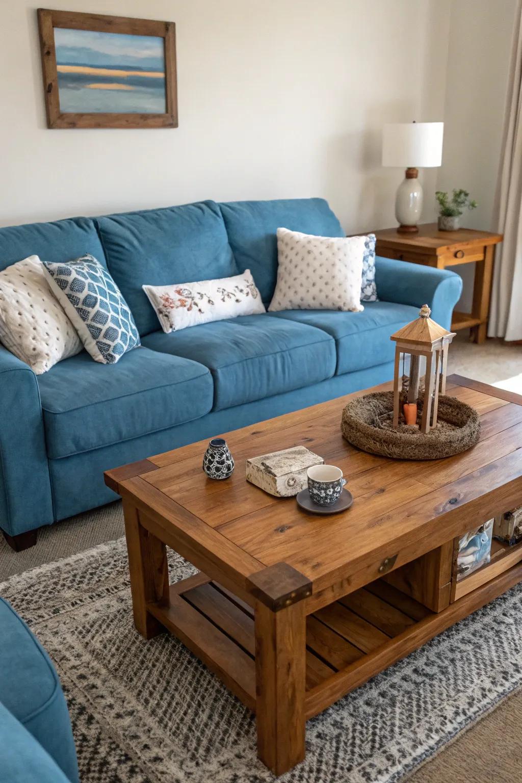 Wooden elements add warmth and balance to a blue couch setting.