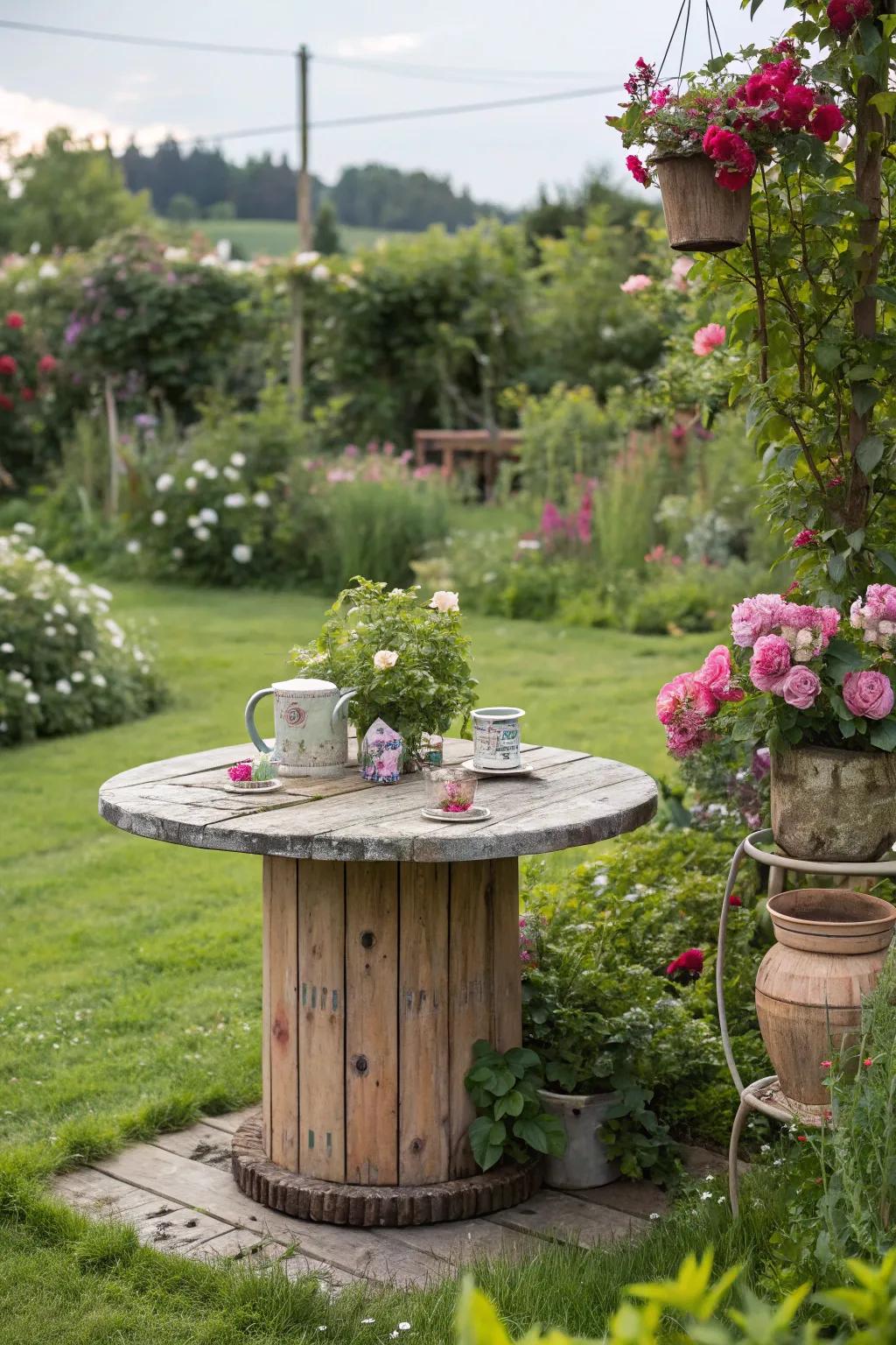 Transform a wooden spool into a garden table.