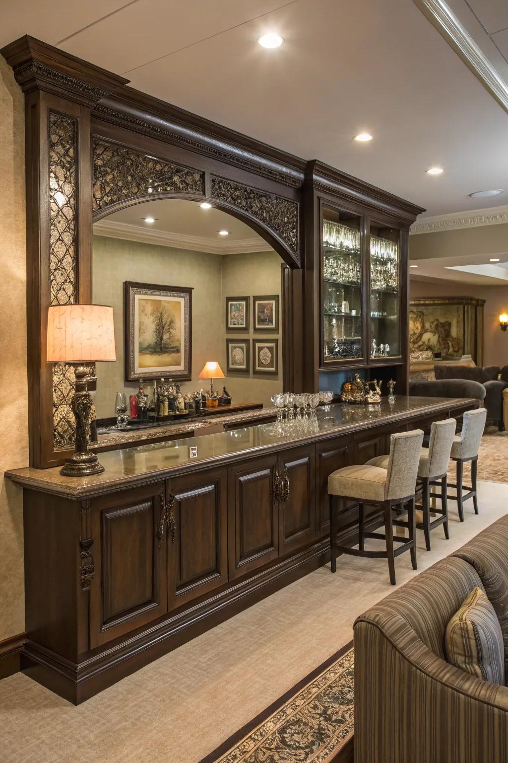 A mirror backsplash enhances the elegance and space of a home bar.