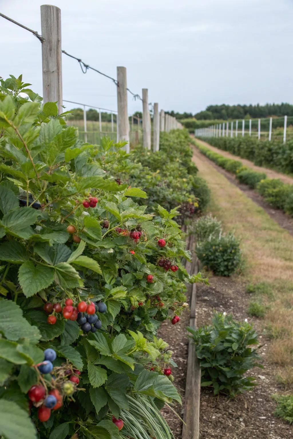 A well-organized berry patch in a backyard.