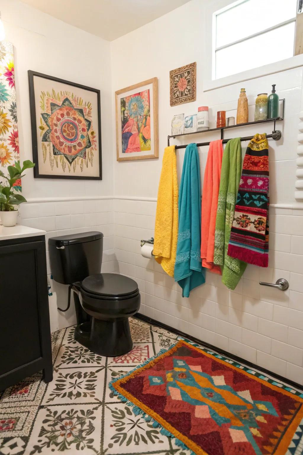 Bright accessories add a splash of color to a black toilet bathroom.