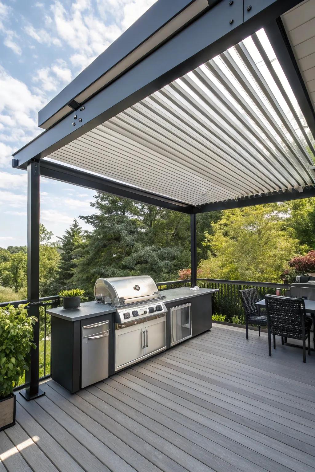 A louvered roof system offers high-tech control over your grill area's environment.