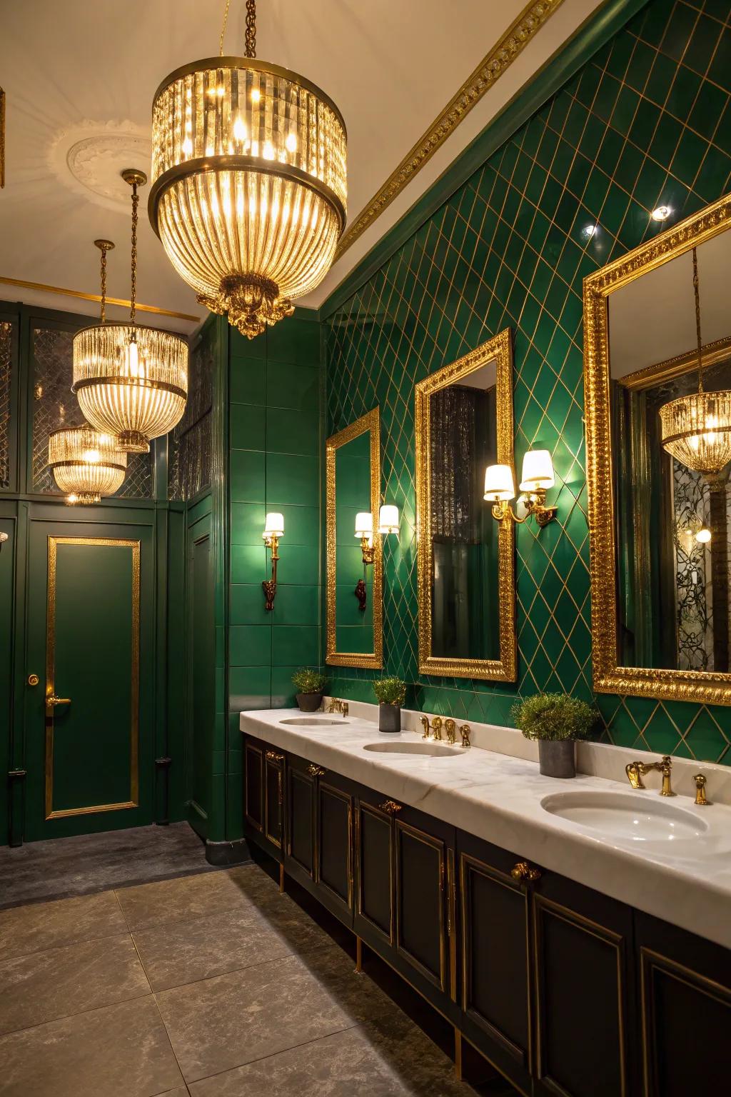 Opulent gold lighting against green walls adds drama to the space.