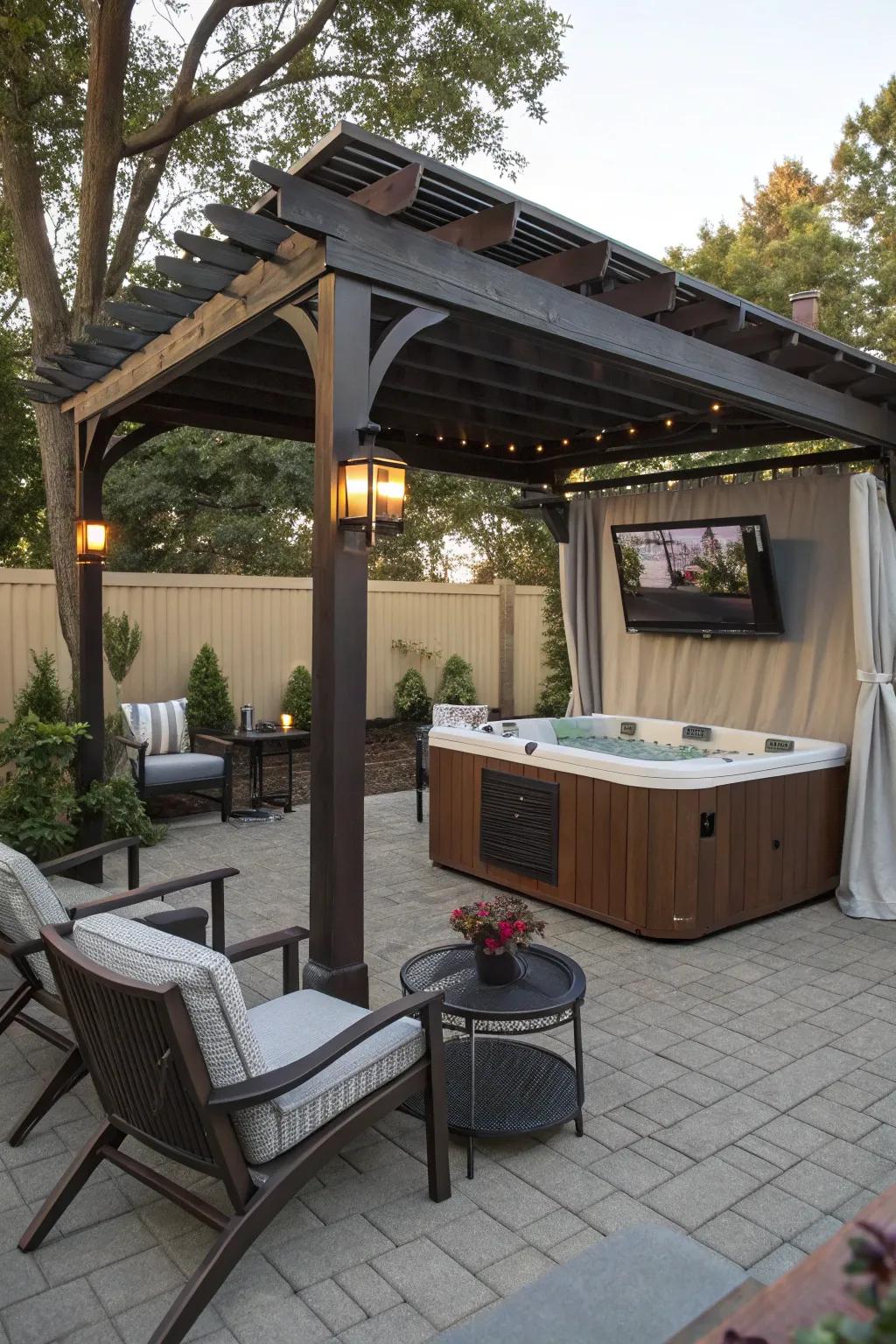 A pergola brings elegance and support to your hot tub TV setup.