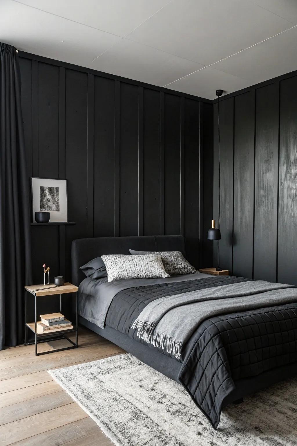 Minimalist decor allows the black elements to shine in this luxurious bedroom.