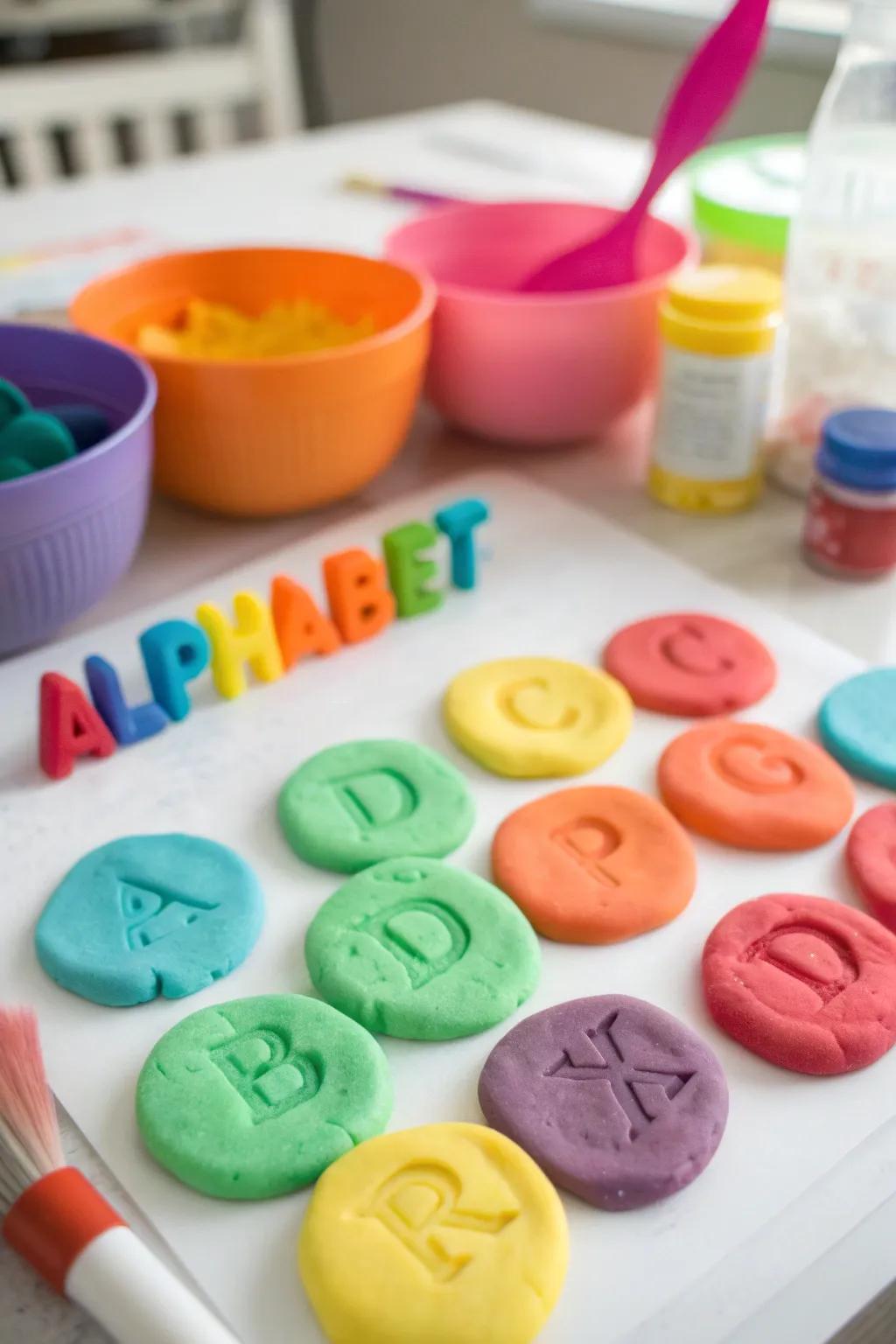 Creative play with playdough letter stamping.