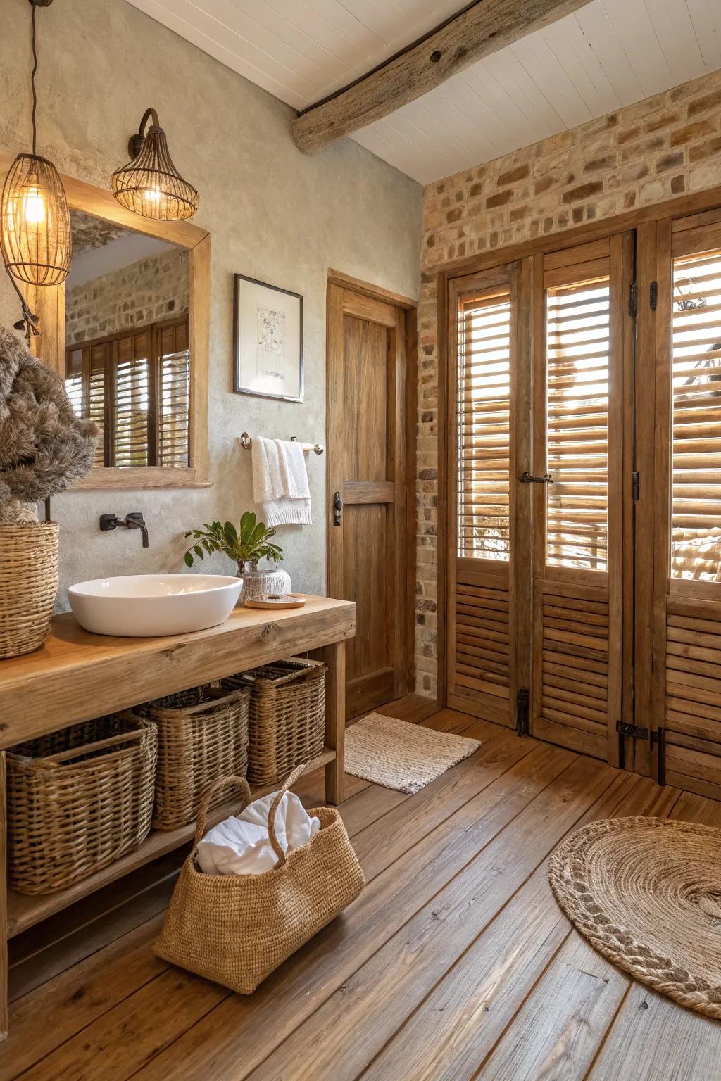 Natural wood shutters infuse your bathroom with warmth and an organic charm.