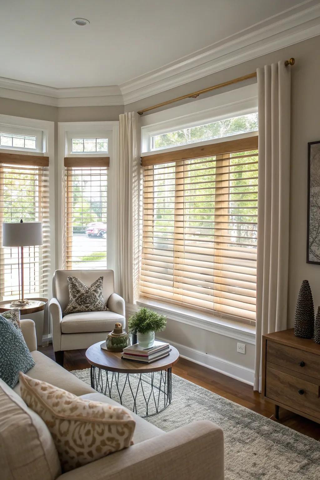 Faux wood blinds offer an affordable and stylish solution.