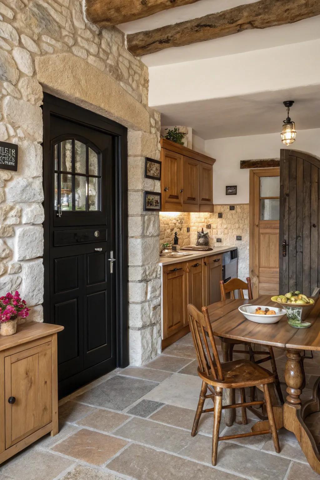 Black doors softened by natural elements like wood and stone.