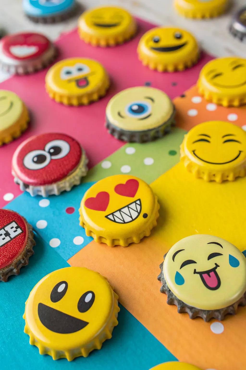 Emoji bottle cap pins add a touch of fun to any ensemble.