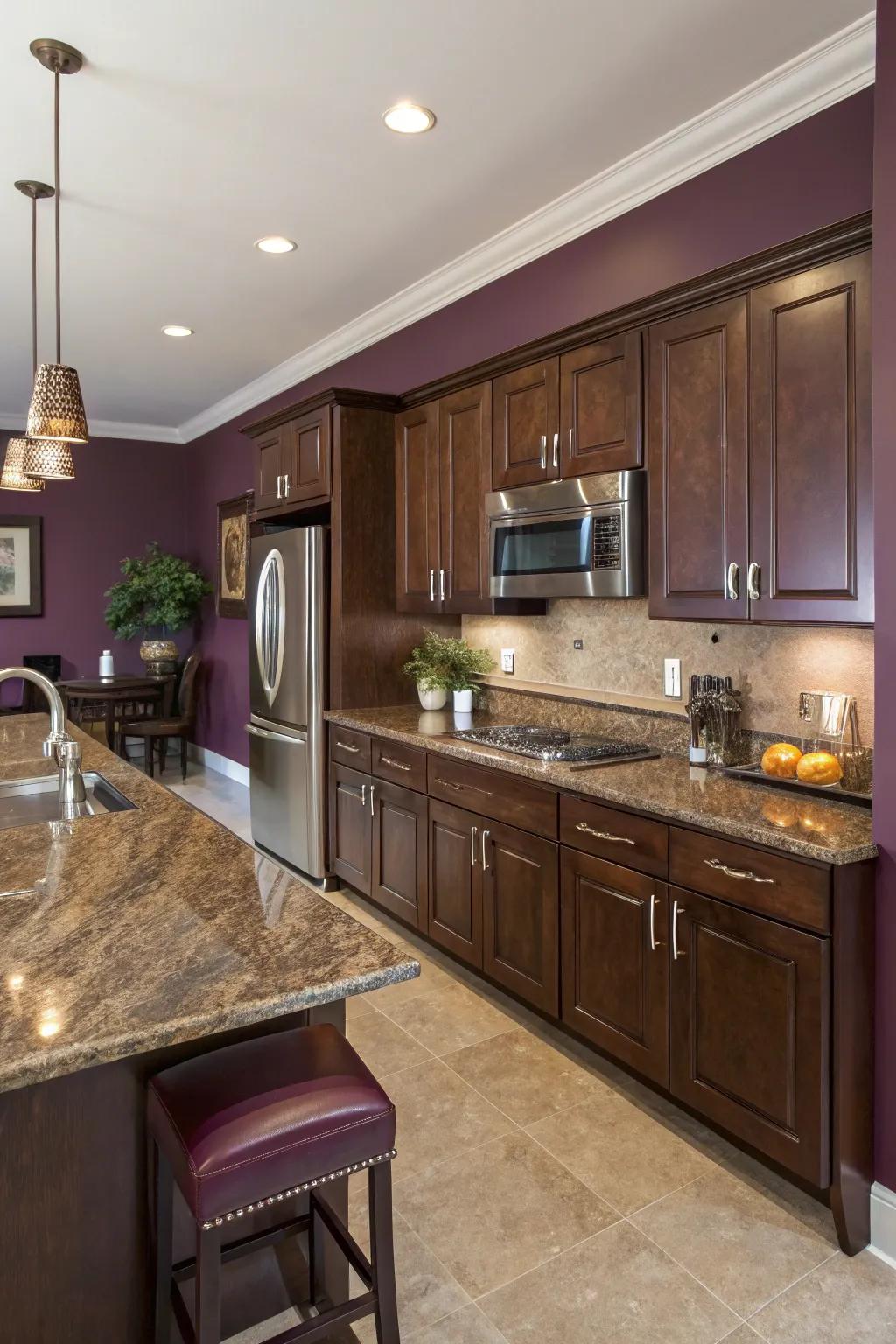 Plum-colored walls create a rich and luxurious contrast with brown granite.