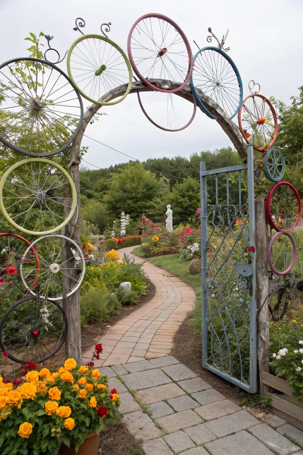 A quirky garden gate using bicycle wheels and wire adds personality and charm.