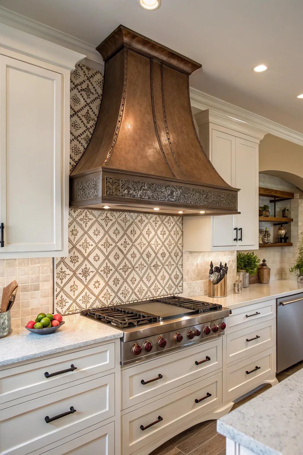 A kitchen with a curved bronze range hood complementing a tile backsplash.