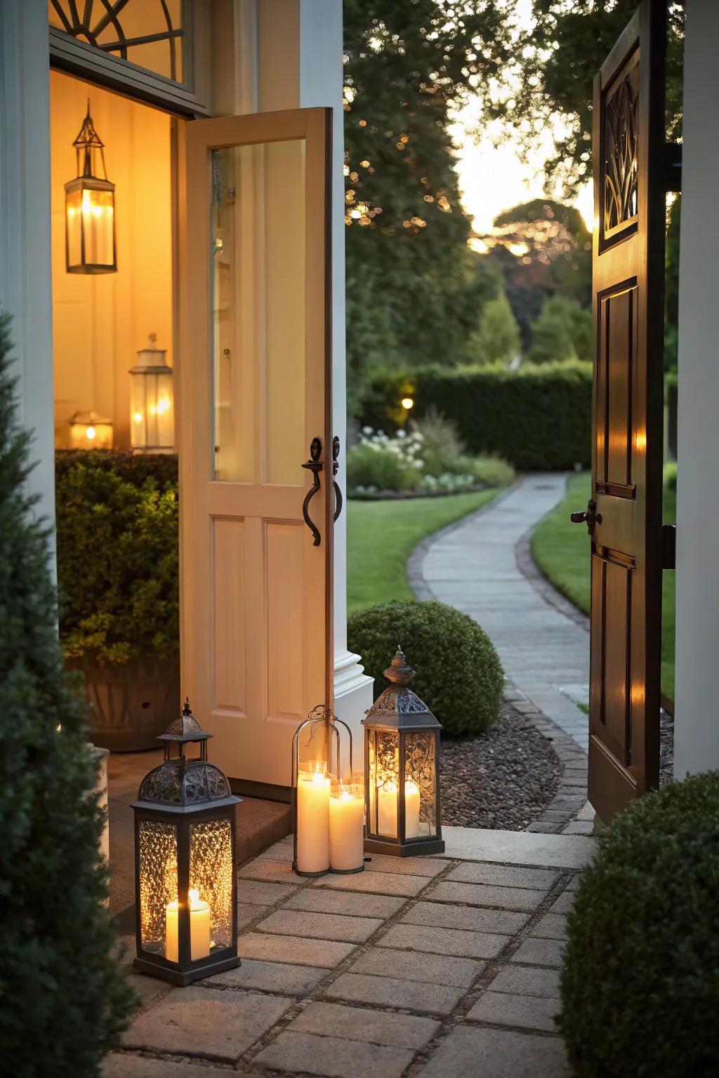 Lanterns with candles create a cozy entrance.