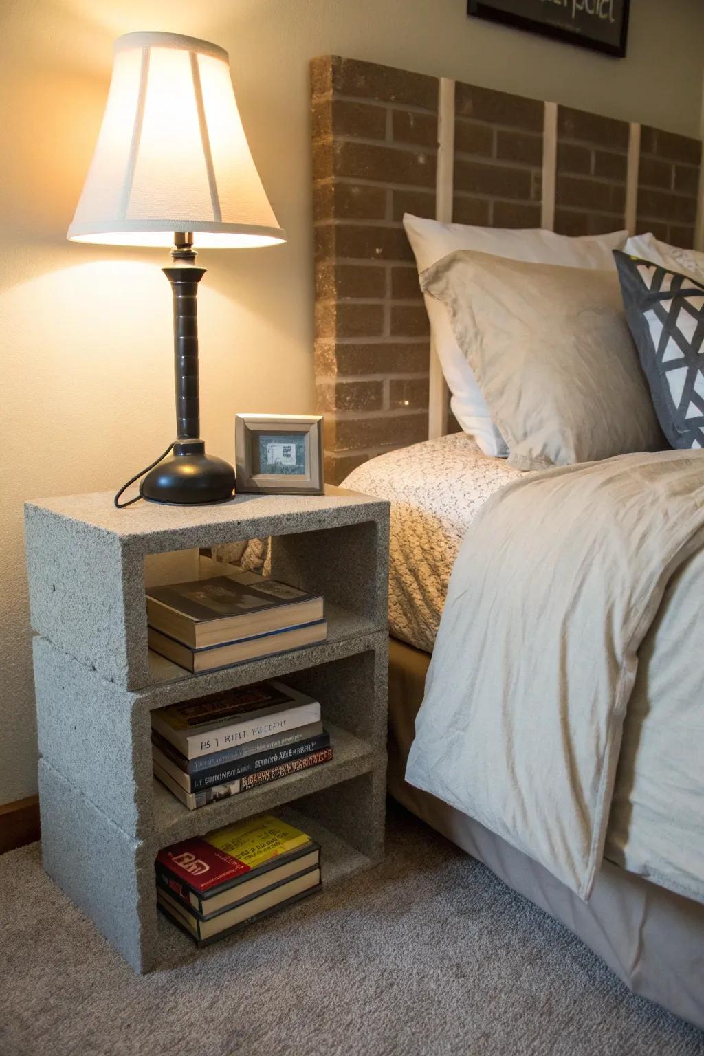 Add minimalist charm with a cinder block nightstand.