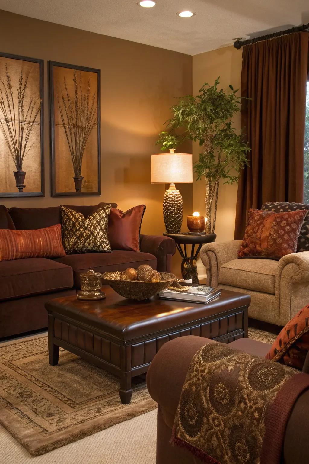 A cozy living room with rust and chocolate brown tones.