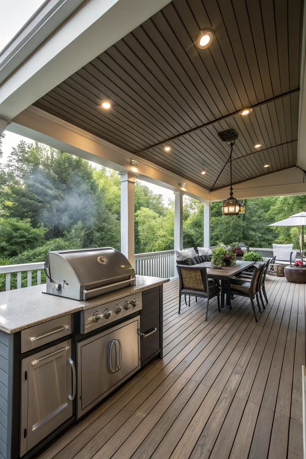 An integrated outdoor kitchen makes this covered deck perfect for entertaining.