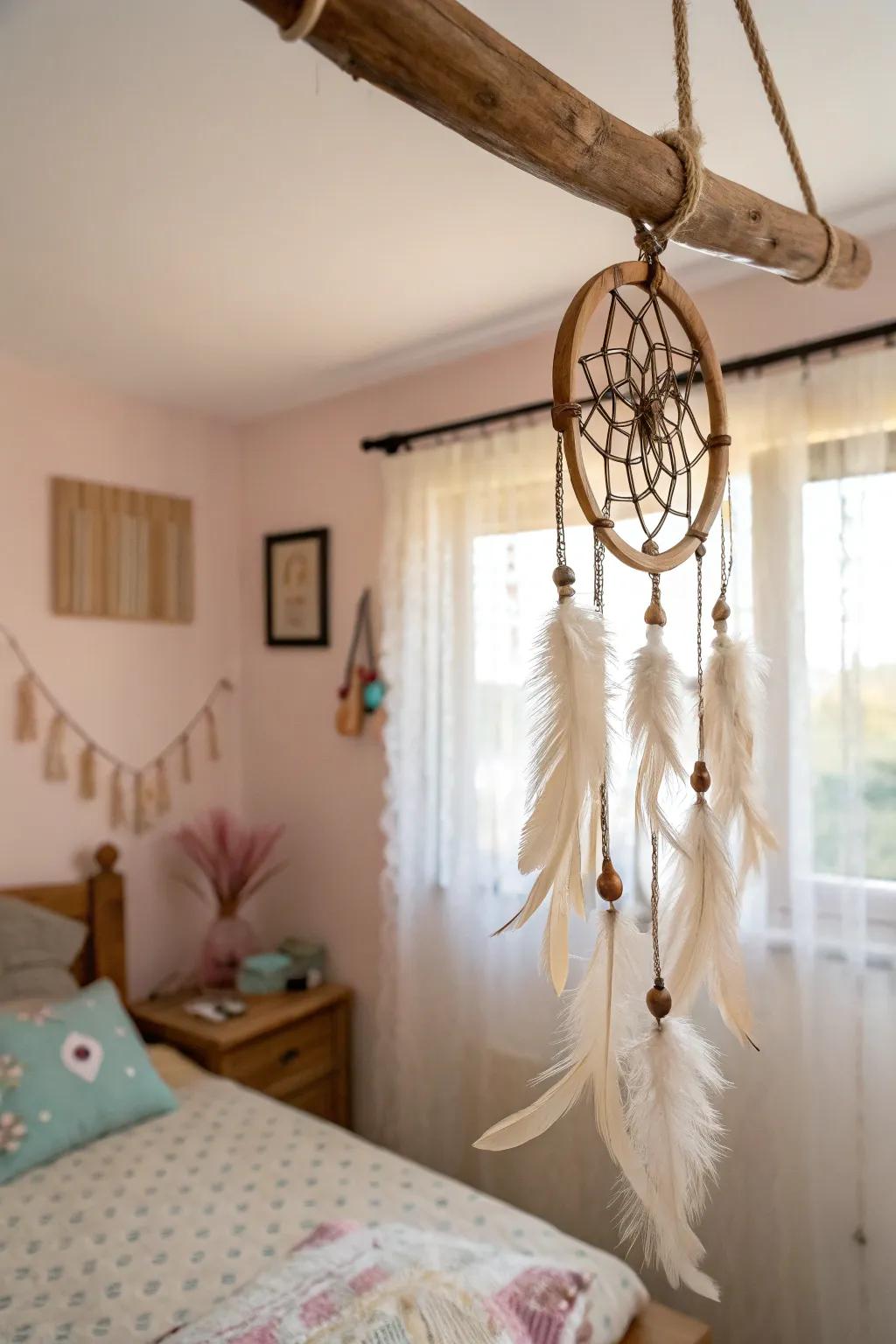 A feathered dream catcher hanging in a serene bedroom.