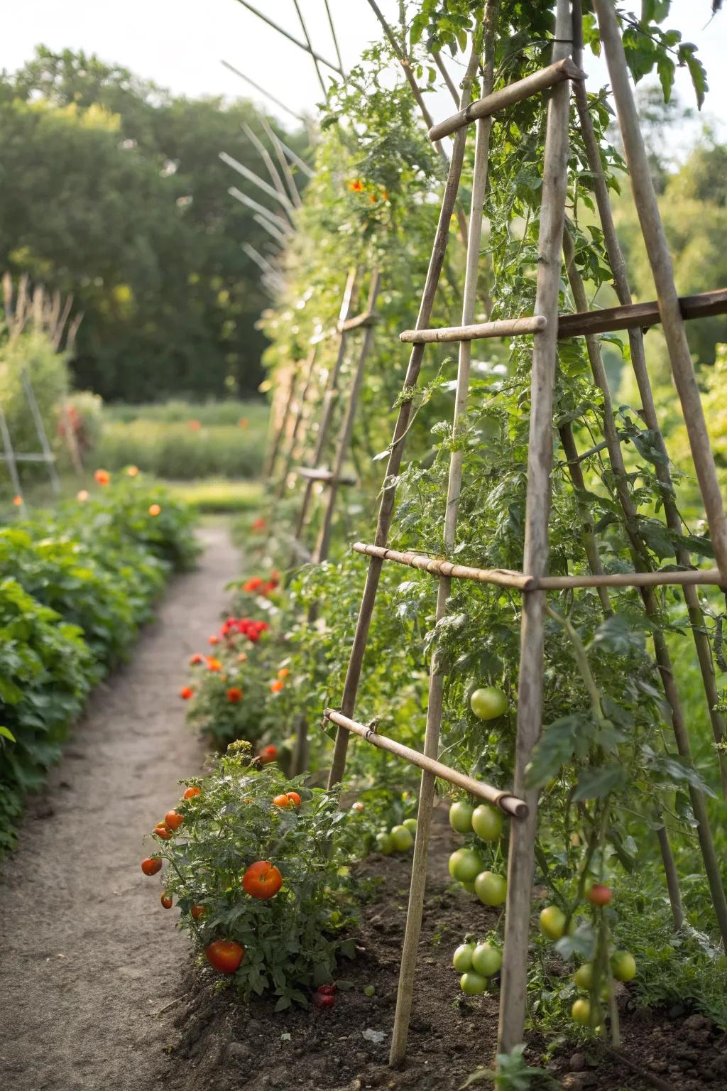 A natural stick trellis providing support and style to garden plants.