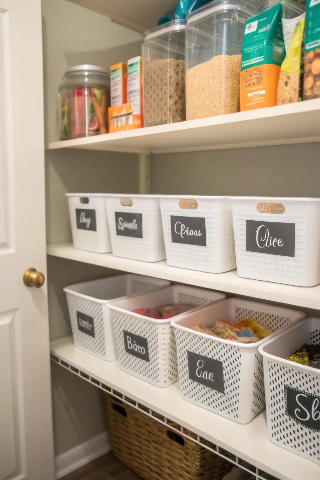 Keep organized with stylish, labeled storage bins.