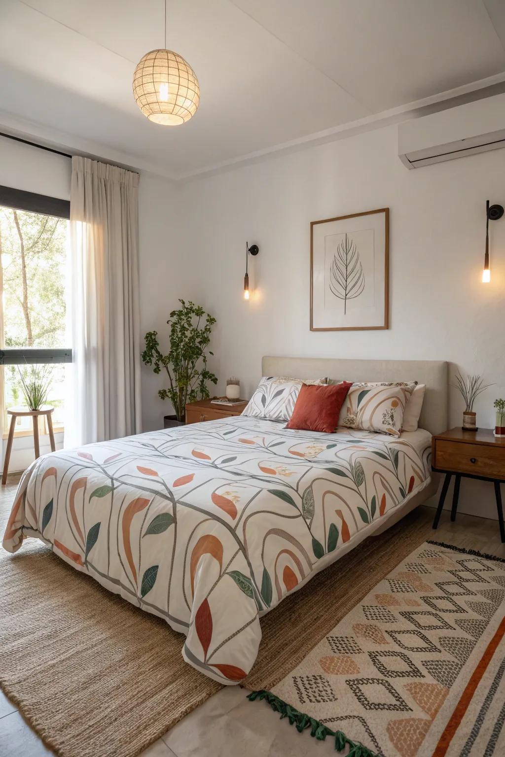 An abstract patterned bedspread adds a pop of personality to a contemporary space.