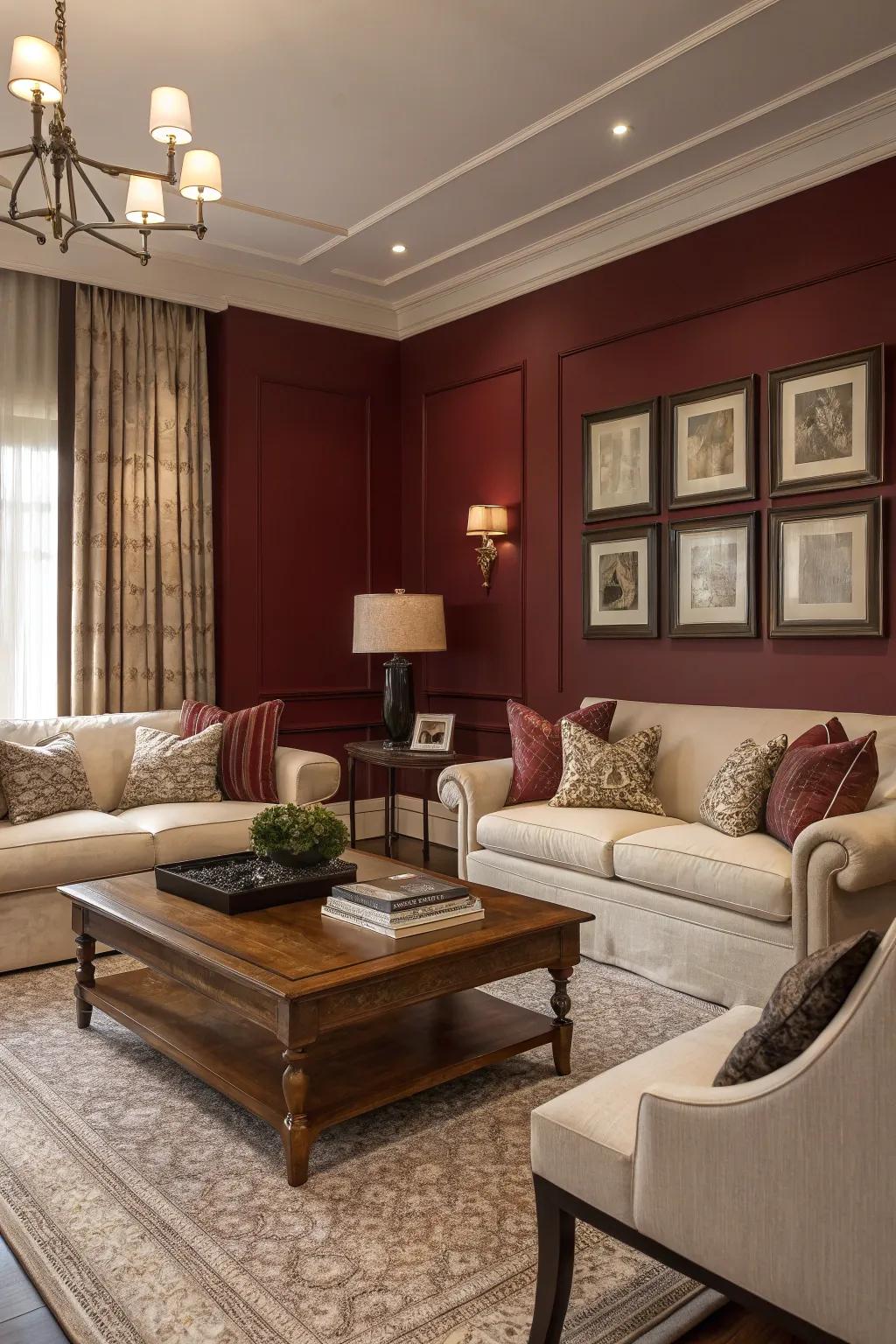 A balanced living room with dark red walls and neutral textiles.