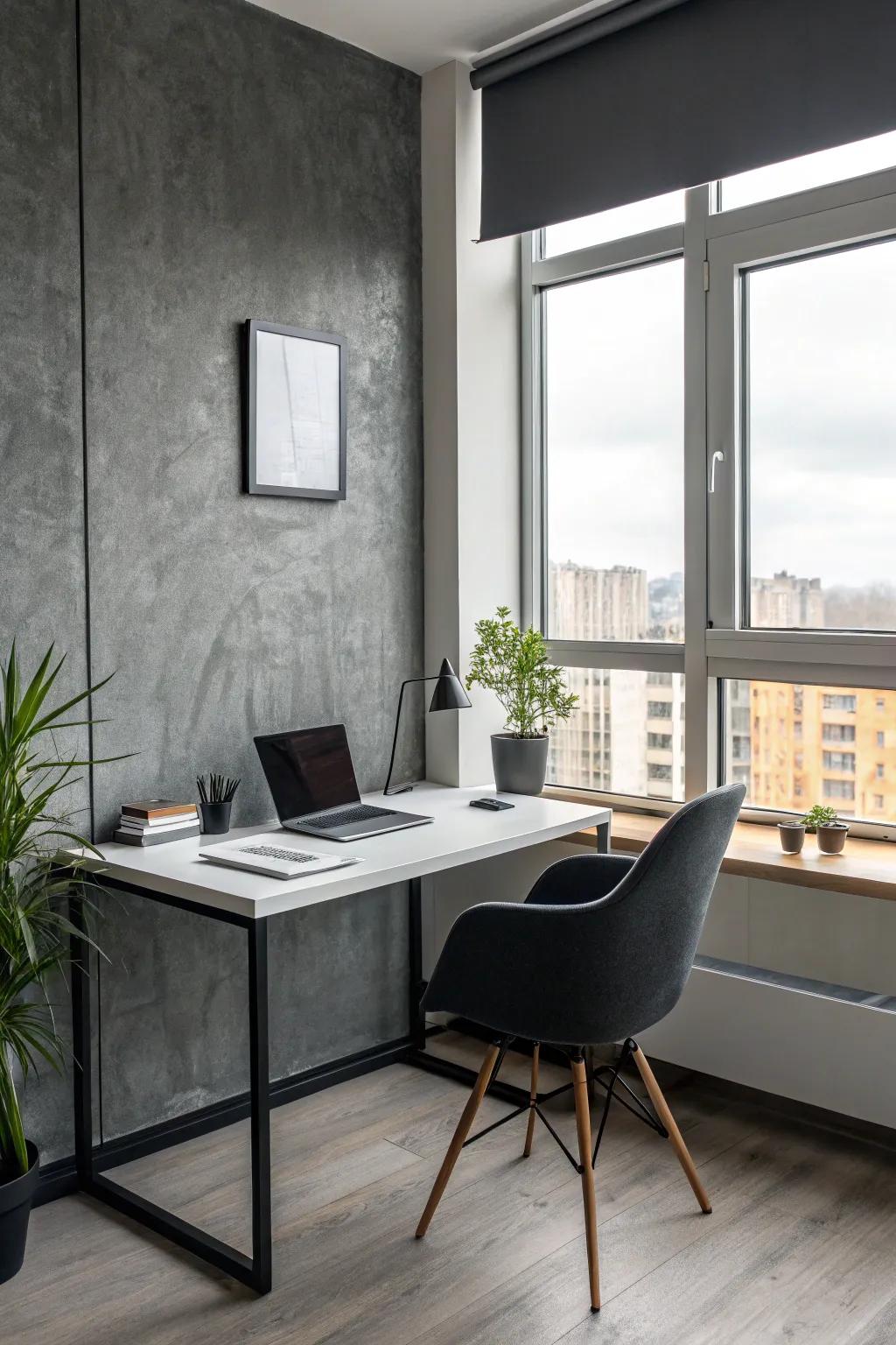 Slate gray walls offer a sleek, modern look.