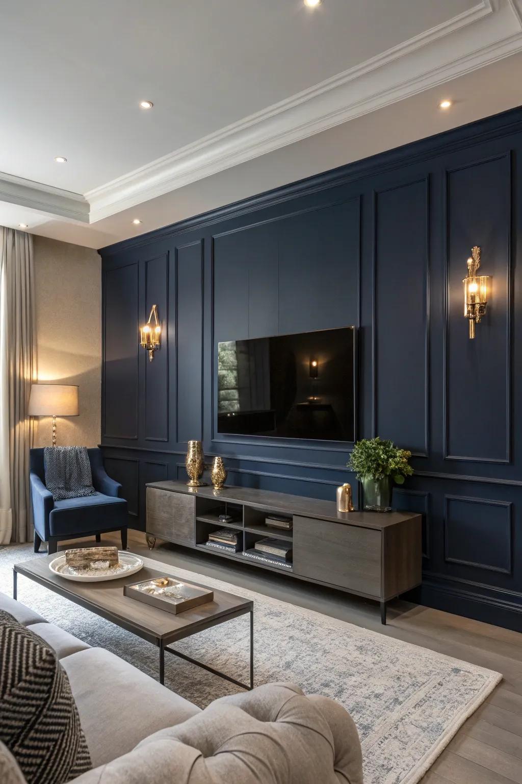 TV wall painted deep navy for a subtle and sophisticated look.