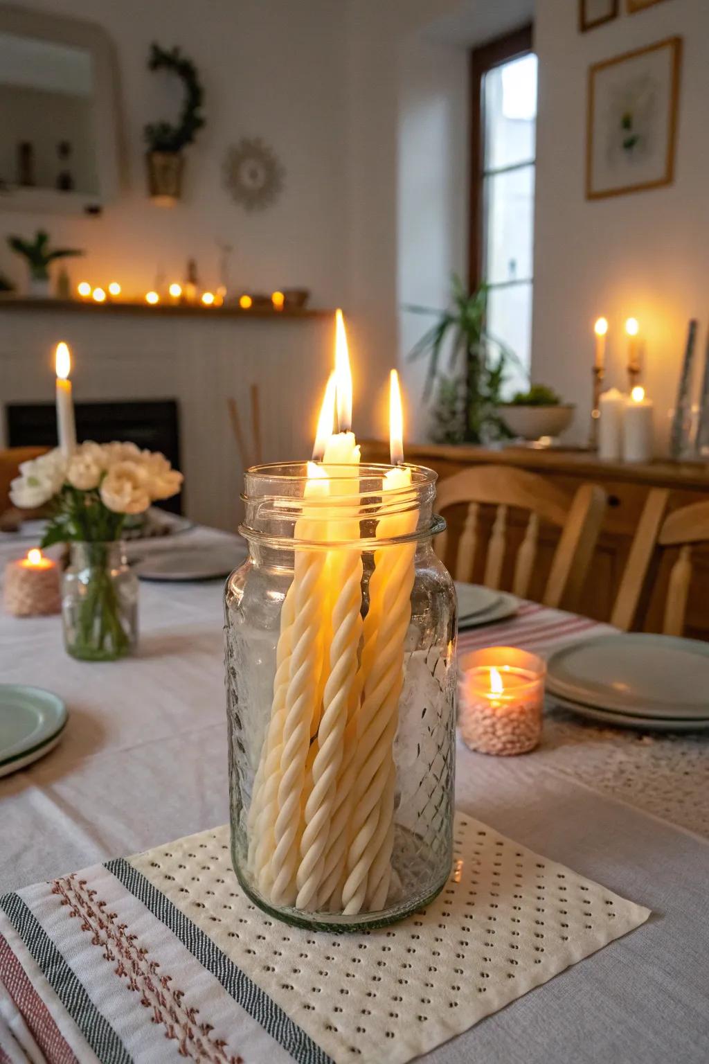 Swirling taper candles creating an elegant centerpiece.