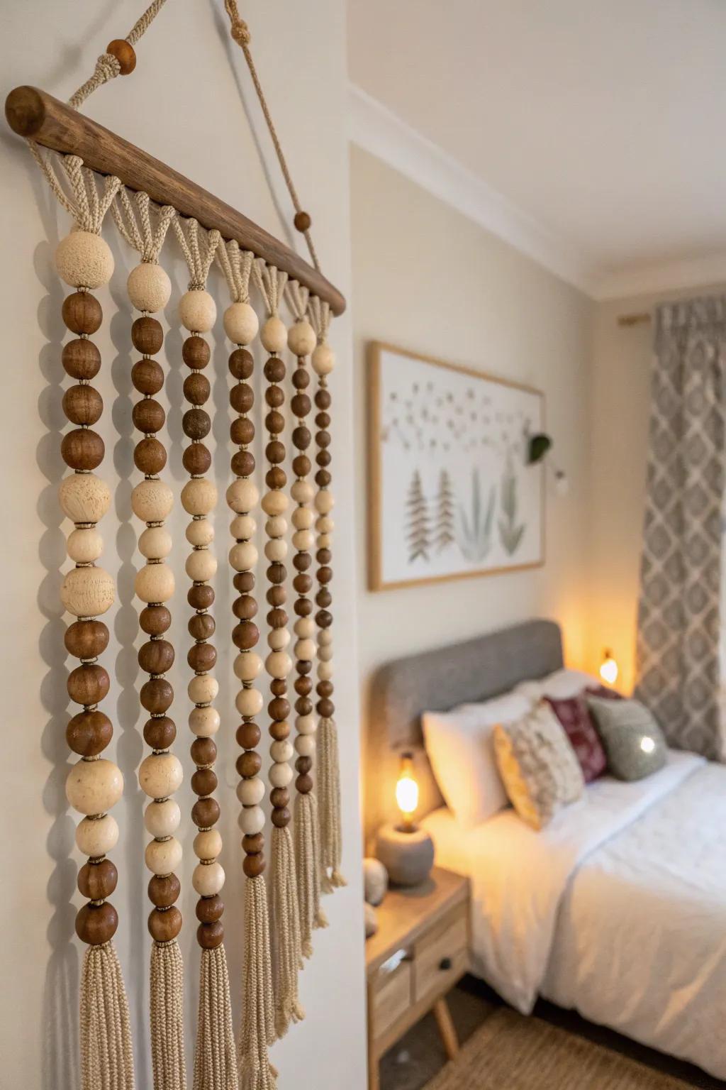 A stylish wooden bead wall hanging.