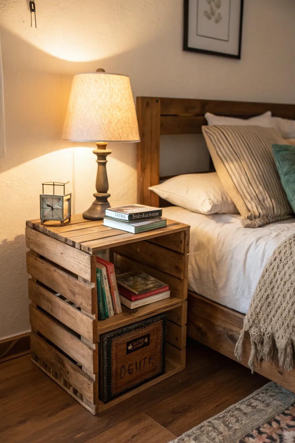 A wooden crate nightstand adds rustic charm to a bedroom.