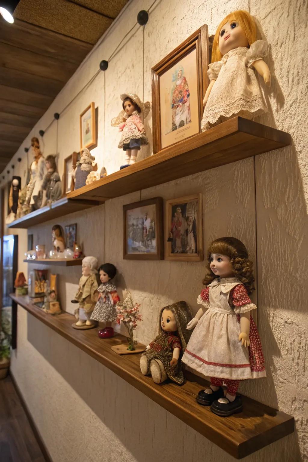 A gallery wall with shelves showcasing a diverse doll collection.