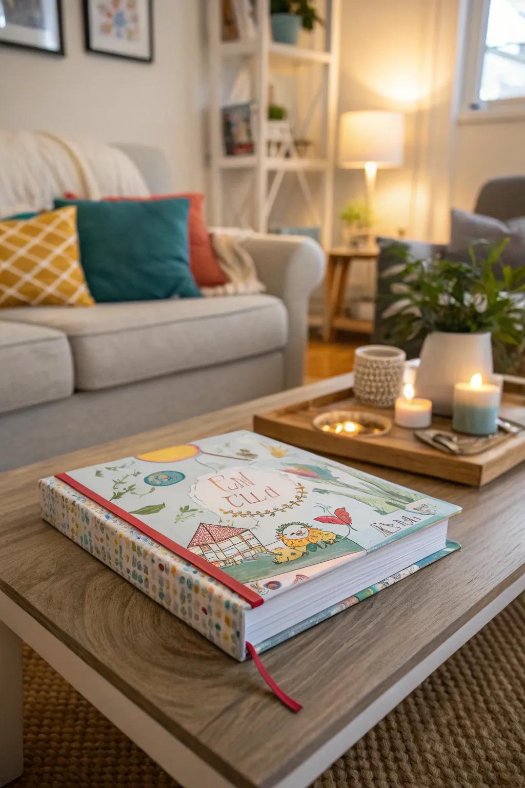 A keepsake book filled with children's artwork displayed on a table.