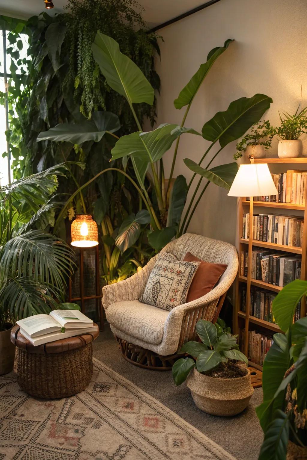 A peaceful reading nook with a lush green backdrop.