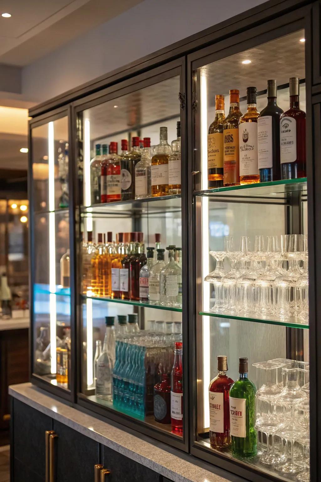 Glass doors elegantly display your liquor collection.