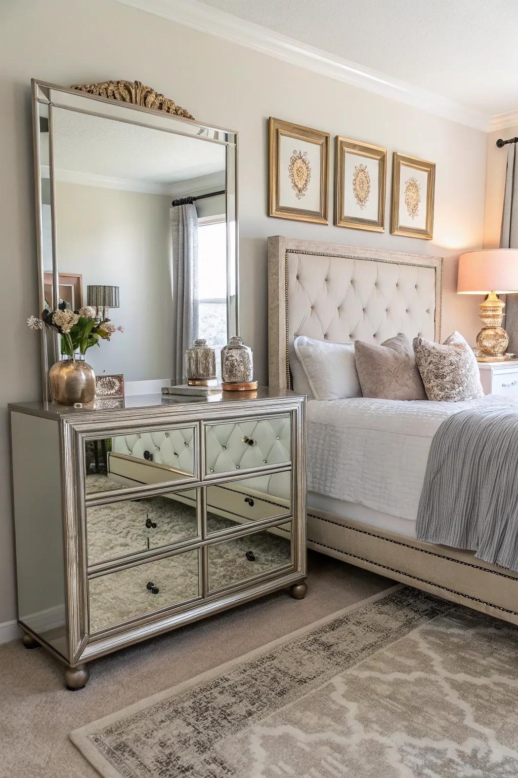 A mirrored dresser reflects light, making your room feel larger and brighter.