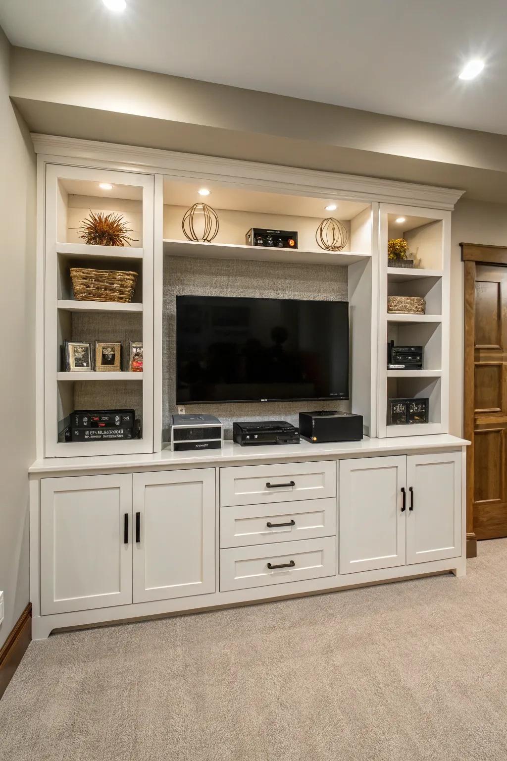 Custom cabinetry offers stylish storage solutions for this entertainment center.