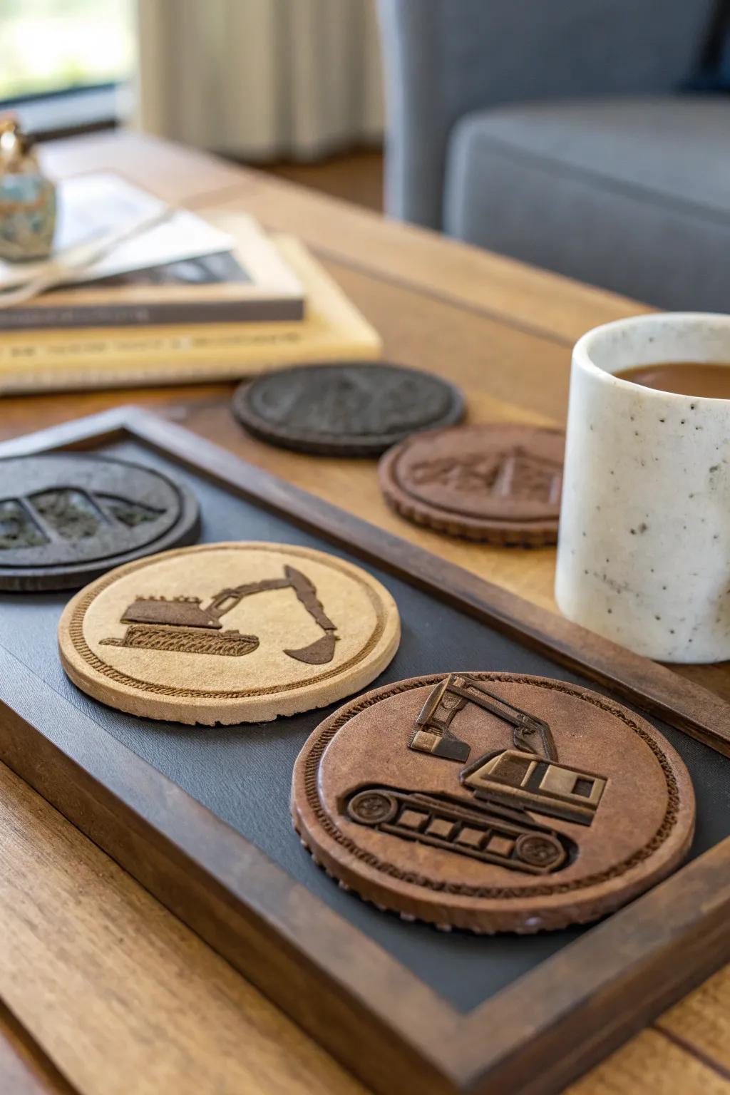 A set of personalized coasters crafted from excavator clay, adding charm to a coffee table.