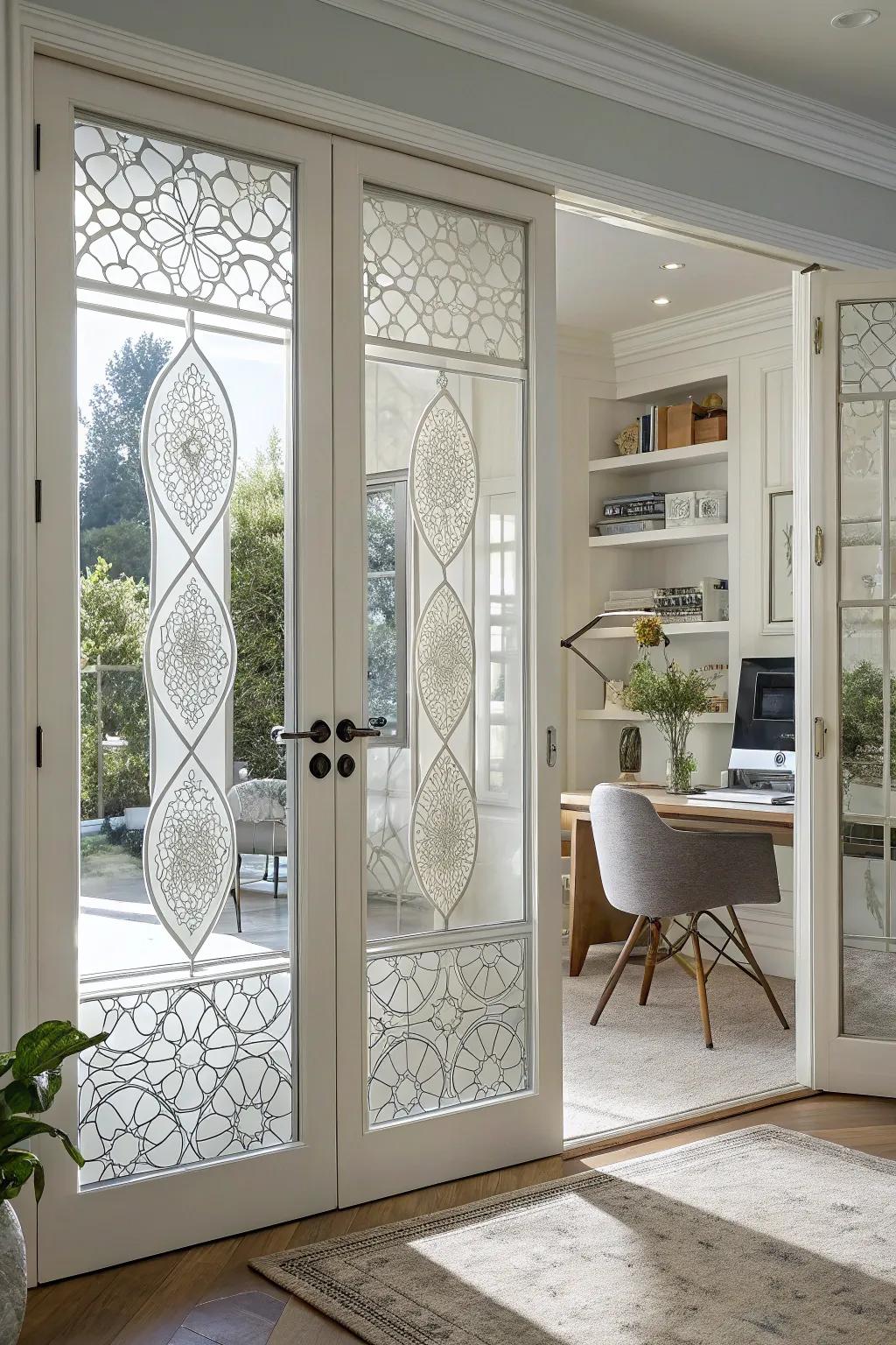 Stylish privacy film adding a decorative touch to French doors.