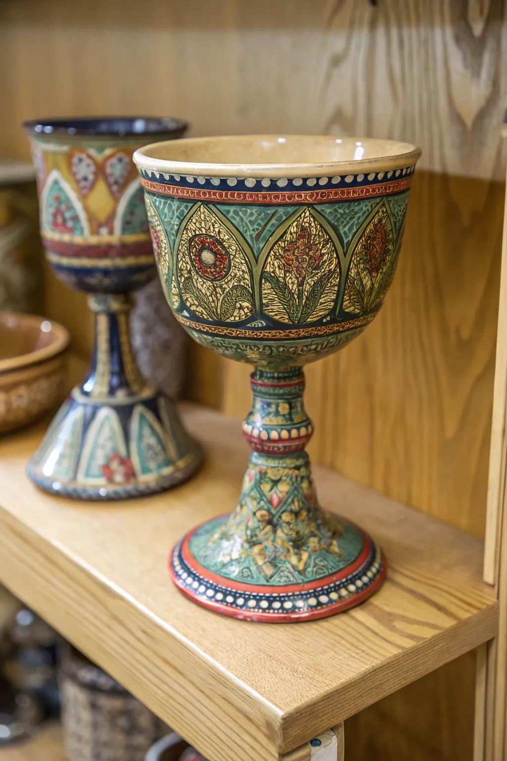 A handmade ceramic chalice with unique design.